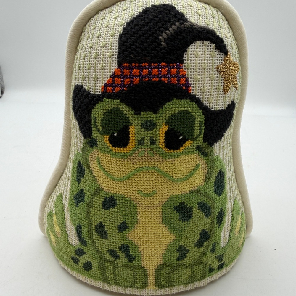 Halloween Handmade Needlepoint Frog Witch Doorstop shelf sitter Toad Decor - Picture 6 of 9